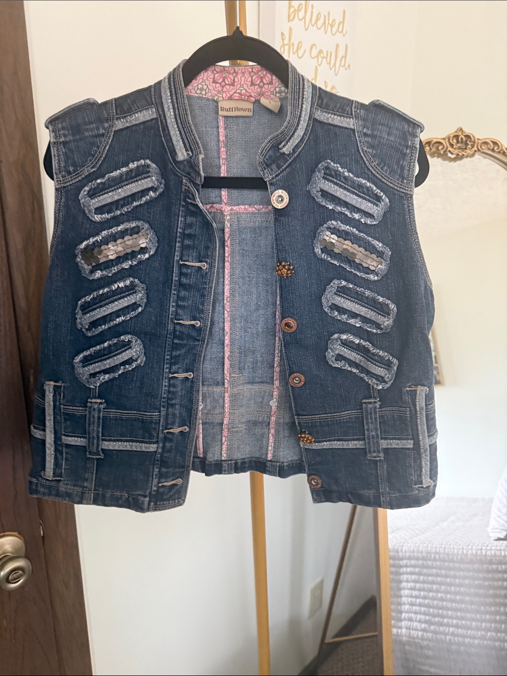 Ruff Hewn Dark Blue Denim Vest with Sequin Accents